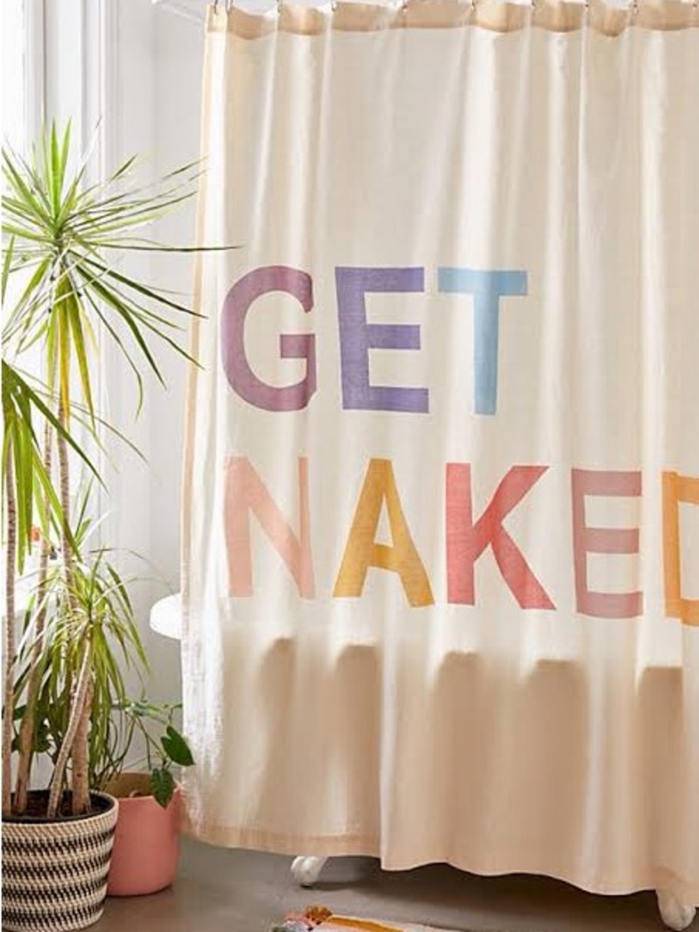 Urban Outfitters 'GET NAKED' Multi-Color Text Shower Curtain NWT IN PACKAGING